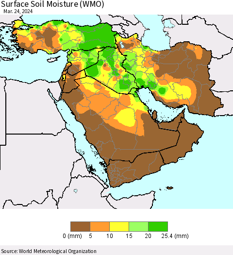 Middle East and Turkey Surface Soil Moisture (WMO) Thematic Map For 3/18/2024 - 3/24/2024