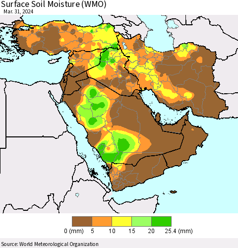 Middle East and Turkey Surface Soil Moisture (WMO) Thematic Map For 3/25/2024 - 3/31/2024