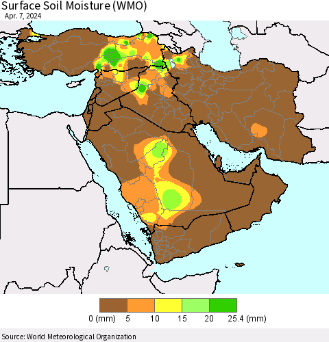 Middle East and Turkey Surface Soil Moisture (WMO) Thematic Map For 4/1/2024 - 4/7/2024