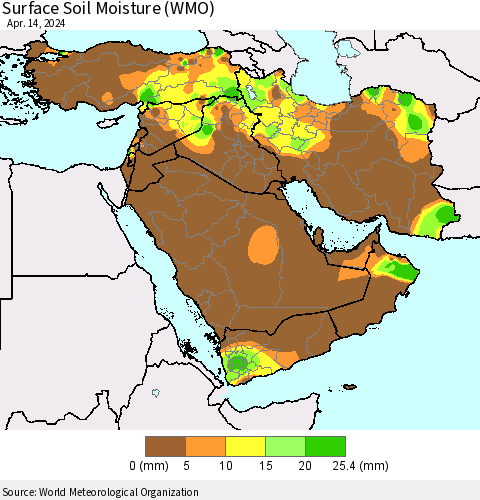 Middle East and Turkey Surface Soil Moisture (WMO) Thematic Map For 4/8/2024 - 4/14/2024