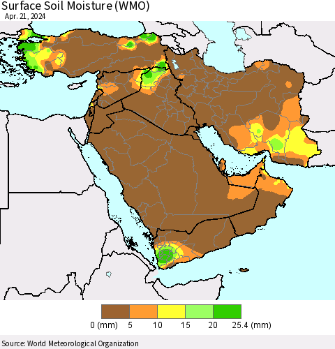 Middle East and Turkey Surface Soil Moisture (WMO) Thematic Map For 4/15/2024 - 4/21/2024