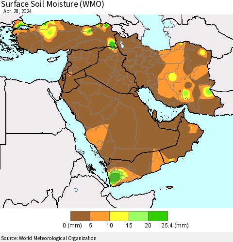 Middle East and Turkey Surface Soil Moisture (WMO) Thematic Map For 4/22/2024 - 4/28/2024