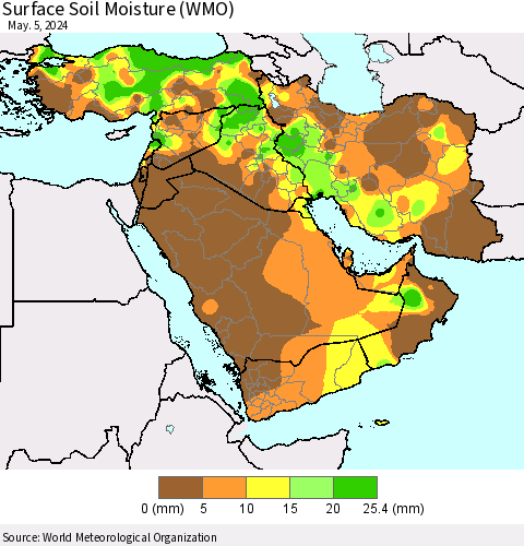 Middle East and Turkey Surface Soil Moisture (WMO) Thematic Map For 4/29/2024 - 5/5/2024