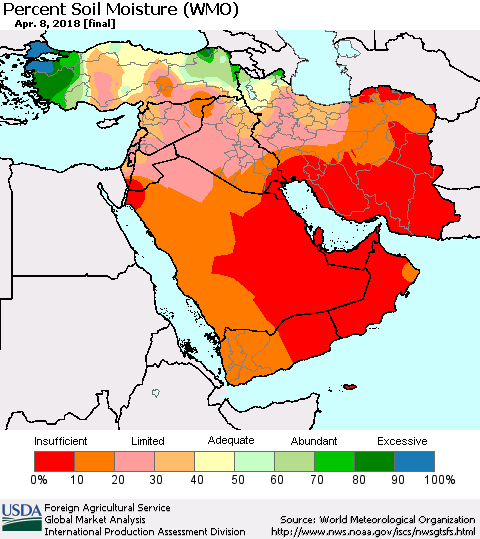 Middle East and Turkey Percent Soil Moisture (WMO) Thematic Map For 4/2/2018 - 4/8/2018