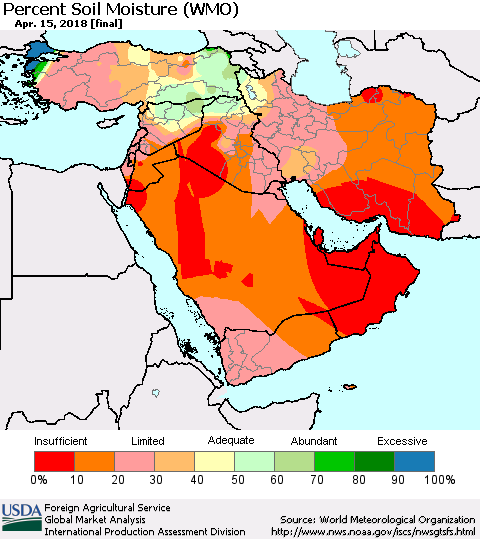 Middle East and Turkey Percent Soil Moisture (WMO) Thematic Map For 4/9/2018 - 4/15/2018