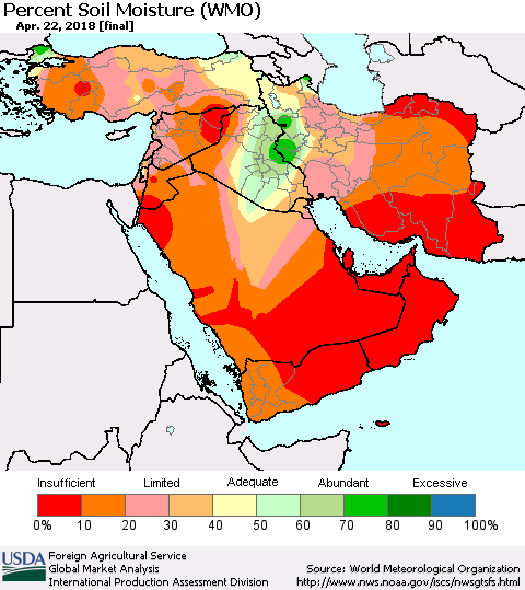 Middle East and Turkey Percent Soil Moisture (WMO) Thematic Map For 4/16/2018 - 4/22/2018