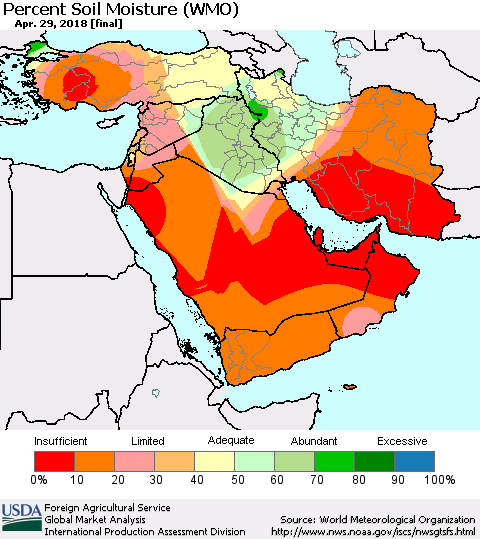 Middle East and Turkey Percent Soil Moisture (WMO) Thematic Map For 4/23/2018 - 4/29/2018