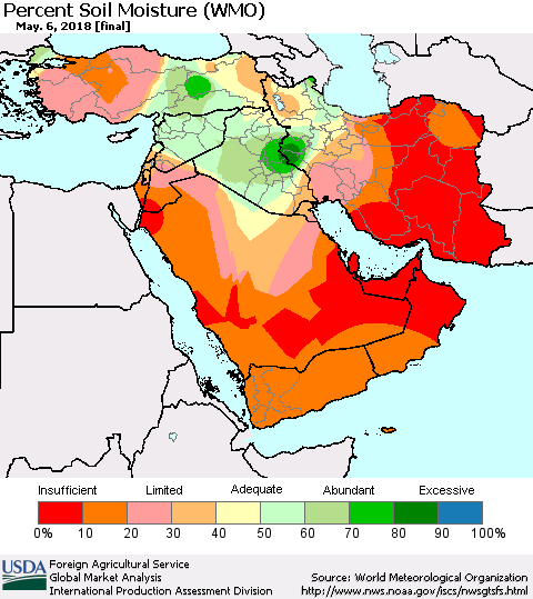 Middle East and Turkey Percent Soil Moisture (WMO) Thematic Map For 4/30/2018 - 5/6/2018