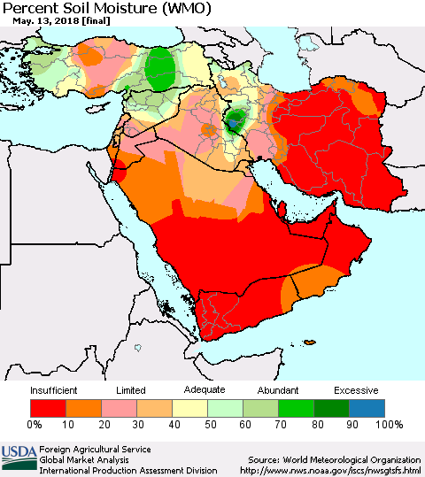 Middle East and Turkey Percent Soil Moisture (WMO) Thematic Map For 5/7/2018 - 5/13/2018