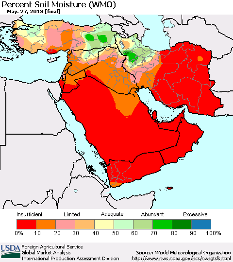 Middle East and Turkey Percent Soil Moisture (WMO) Thematic Map For 5/21/2018 - 5/27/2018