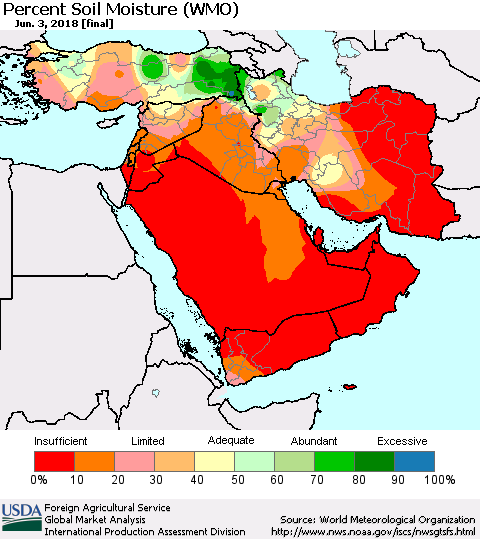 Middle East and Turkey Percent Soil Moisture (WMO) Thematic Map For 5/28/2018 - 6/3/2018