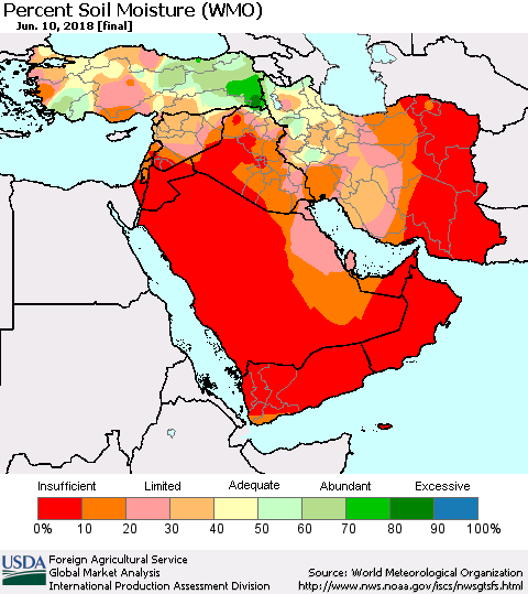 Middle East and Turkey Percent Soil Moisture (WMO) Thematic Map For 6/4/2018 - 6/10/2018