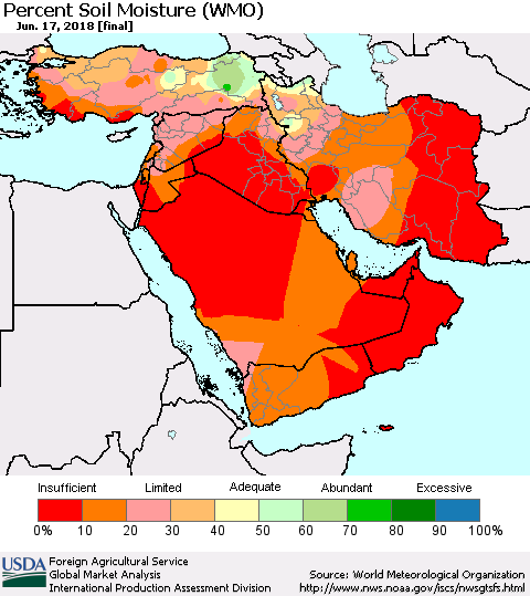 Middle East and Turkey Percent Soil Moisture (WMO) Thematic Map For 6/11/2018 - 6/17/2018