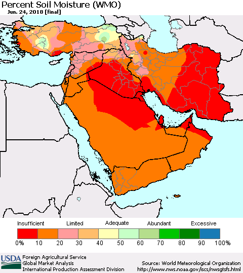 Middle East and Turkey Percent Soil Moisture (WMO) Thematic Map For 6/18/2018 - 6/24/2018