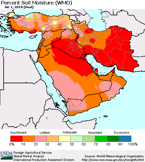 Middle East and Turkey Percent Soil Moisture (WMO) Thematic Map For 6/25/2018 - 7/1/2018