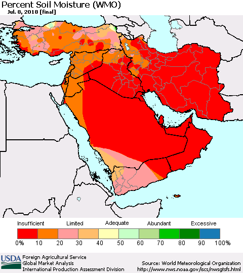 Middle East and Turkey Percent Soil Moisture (WMO) Thematic Map For 7/2/2018 - 7/8/2018
