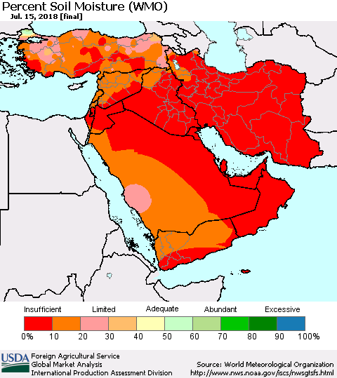 Middle East and Turkey Percent Soil Moisture (WMO) Thematic Map For 7/9/2018 - 7/15/2018