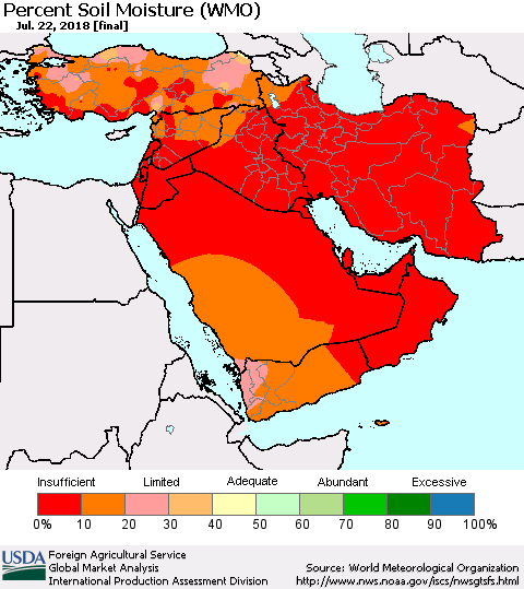 Middle East and Turkey Percent Soil Moisture (WMO) Thematic Map For 7/16/2018 - 7/22/2018