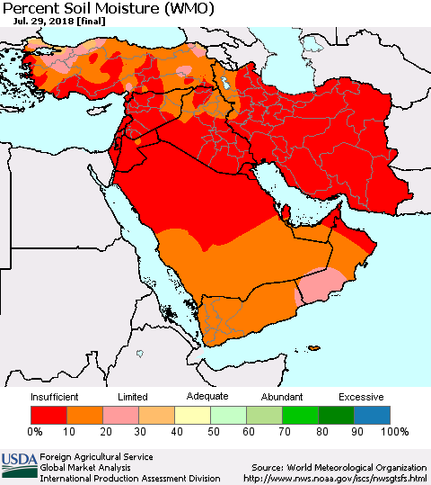 Middle East and Turkey Percent Soil Moisture (WMO) Thematic Map For 7/23/2018 - 7/29/2018