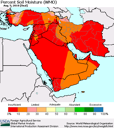 Middle East and Turkey Percent Soil Moisture (WMO) Thematic Map For 7/30/2018 - 8/5/2018