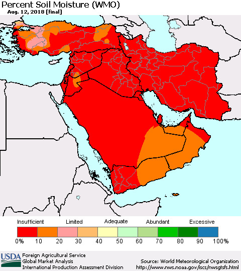 Middle East and Turkey Percent Soil Moisture (WMO) Thematic Map For 8/6/2018 - 8/12/2018