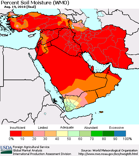 Middle East and Turkey Percent Soil Moisture (WMO) Thematic Map For 8/13/2018 - 8/19/2018