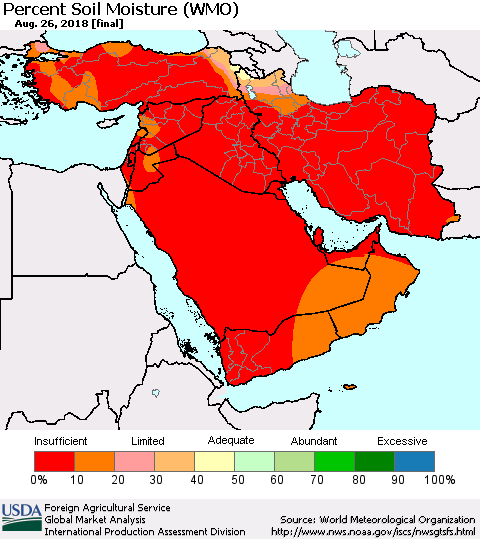 Middle East and Turkey Percent Soil Moisture (WMO) Thematic Map For 8/20/2018 - 8/26/2018