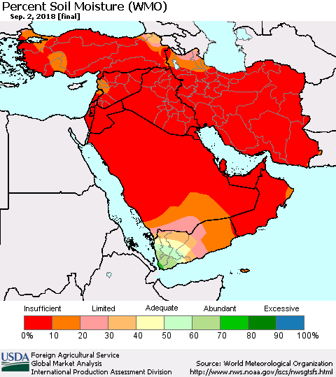 Middle East and Turkey Percent Soil Moisture (WMO) Thematic Map For 8/27/2018 - 9/2/2018