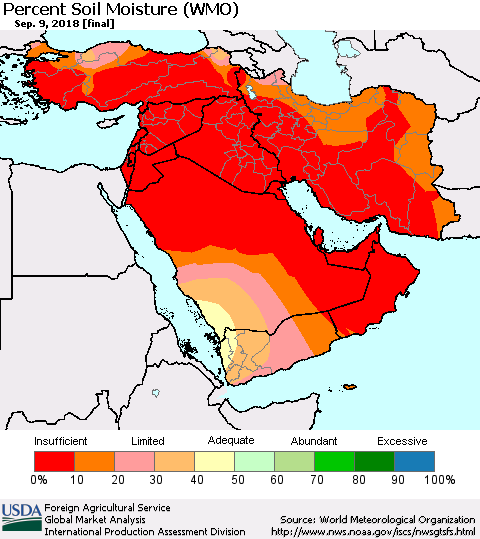 Middle East and Turkey Percent Soil Moisture (WMO) Thematic Map For 9/3/2018 - 9/9/2018