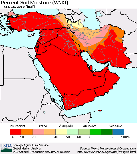 Middle East and Turkey Percent Soil Moisture (WMO) Thematic Map For 9/10/2018 - 9/16/2018
