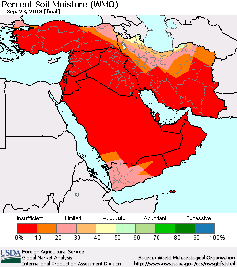 Middle East and Turkey Percent Soil Moisture (WMO) Thematic Map For 9/17/2018 - 9/23/2018
