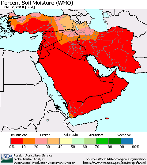 Middle East and Turkey Percent Soil Moisture (WMO) Thematic Map For 10/1/2018 - 10/7/2018