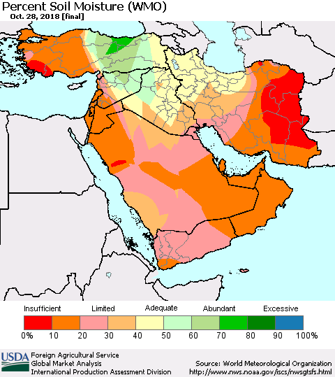 Middle East and Turkey Percent Soil Moisture (WMO) Thematic Map For 10/22/2018 - 10/28/2018
