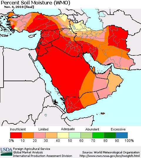 Middle East and Turkey Percent Soil Moisture (WMO) Thematic Map For 10/29/2018 - 11/4/2018