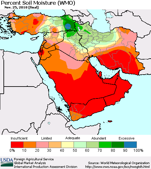Middle East and Turkey Percent Soil Moisture (WMO) Thematic Map For 11/19/2018 - 11/25/2018