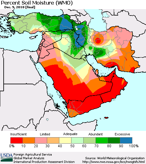 Middle East and Turkey Percent Soil Moisture (WMO) Thematic Map For 12/3/2018 - 12/9/2018