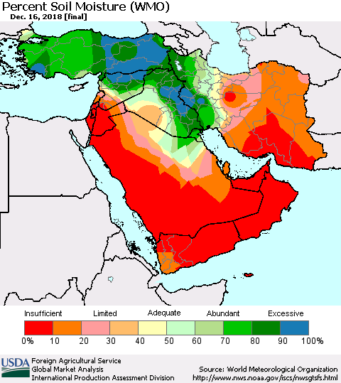 Middle East and Turkey Percent Soil Moisture (WMO) Thematic Map For 12/10/2018 - 12/16/2018
