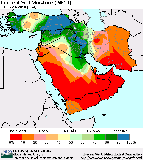 Middle East and Turkey Percent Soil Moisture (WMO) Thematic Map For 12/17/2018 - 12/23/2018