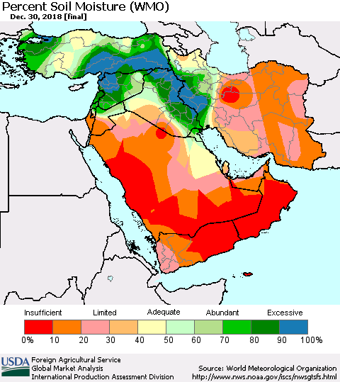 Middle East and Turkey Percent Soil Moisture (WMO) Thematic Map For 12/24/2018 - 12/30/2018