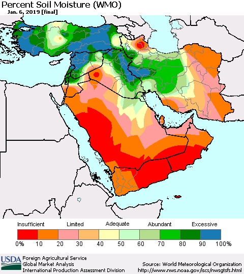 Middle East and Turkey Percent Soil Moisture (WMO) Thematic Map For 12/31/2018 - 1/6/2019