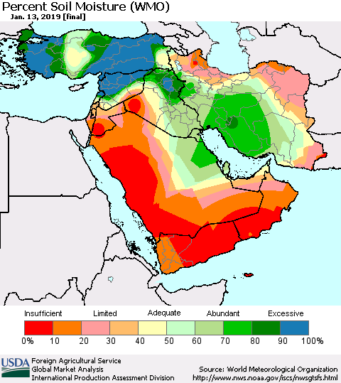 Middle East and Turkey Percent Soil Moisture (WMO) Thematic Map For 1/7/2019 - 1/13/2019