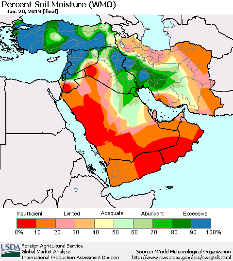 Middle East and Turkey Percent Soil Moisture (WMO) Thematic Map For 1/14/2019 - 1/20/2019
