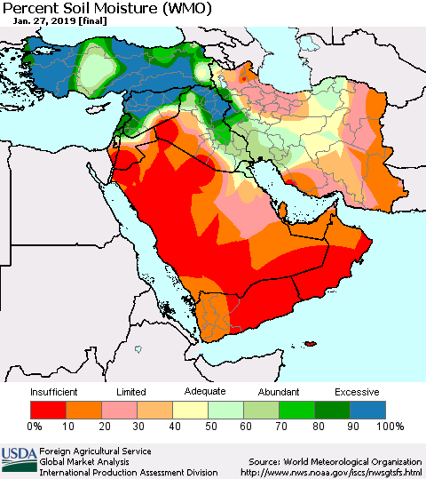 Middle East and Turkey Percent Soil Moisture (WMO) Thematic Map For 1/21/2019 - 1/27/2019