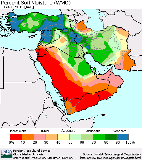 Middle East and Turkey Percent Soil Moisture (WMO) Thematic Map For 1/28/2019 - 2/3/2019