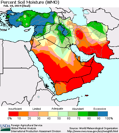 Middle East and Turkey Percent Soil Moisture (WMO) Thematic Map For 2/4/2019 - 2/10/2019