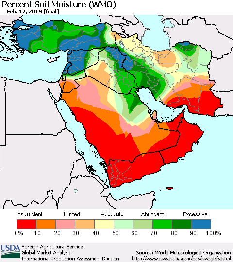 Middle East and Turkey Percent Soil Moisture (WMO) Thematic Map For 2/11/2019 - 2/17/2019