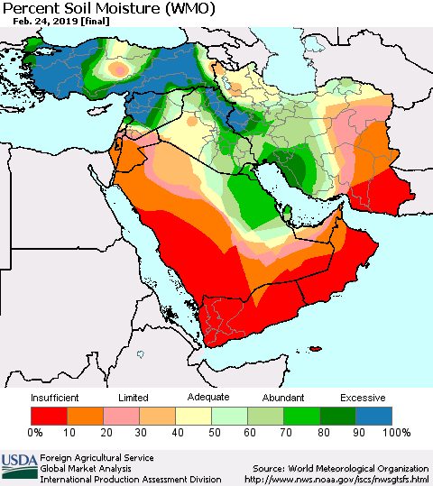 Middle East and Turkey Percent Soil Moisture (WMO) Thematic Map For 2/18/2019 - 2/24/2019