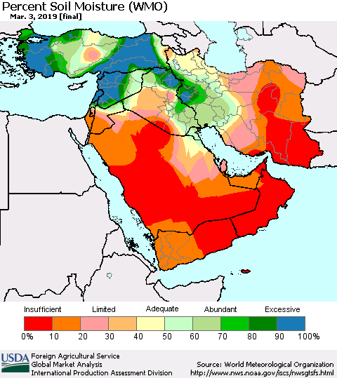 Middle East and Turkey Percent Soil Moisture (WMO) Thematic Map For 2/25/2019 - 3/3/2019