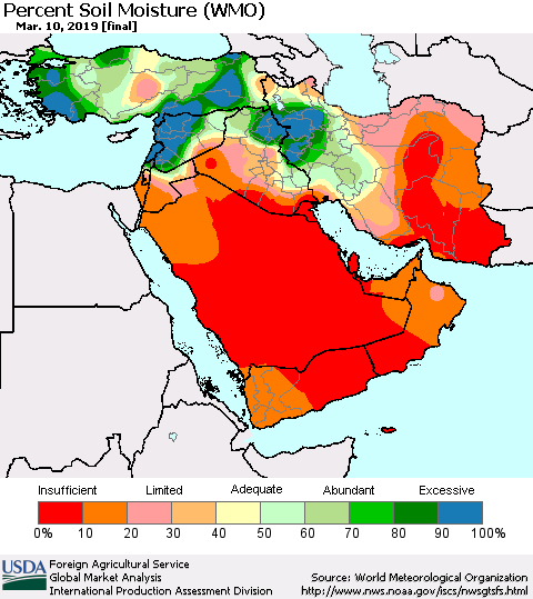 Middle East and Turkey Percent Soil Moisture (WMO) Thematic Map For 3/4/2019 - 3/10/2019