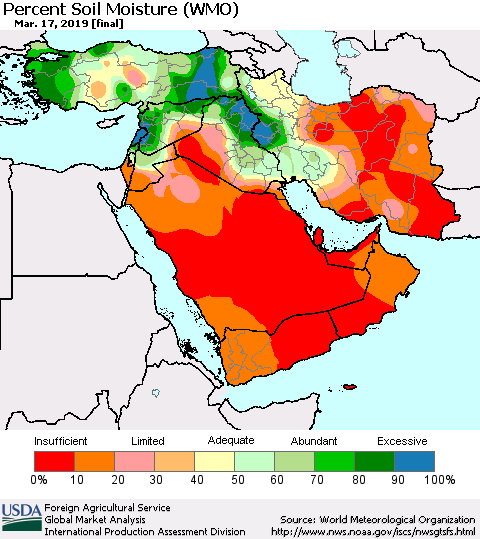 Middle East and Turkey Percent Soil Moisture (WMO) Thematic Map For 3/11/2019 - 3/17/2019